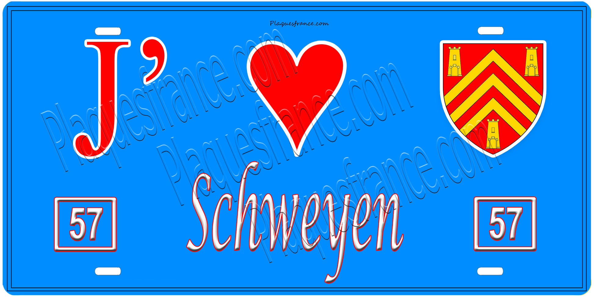 Plaque métal décorative, J'❤️ Schweyen, Moselle, fond mur bleu 57