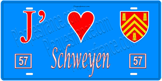 Plaque métal décorative, J'❤️ Schweyen, Moselle, fond mur bleu 57