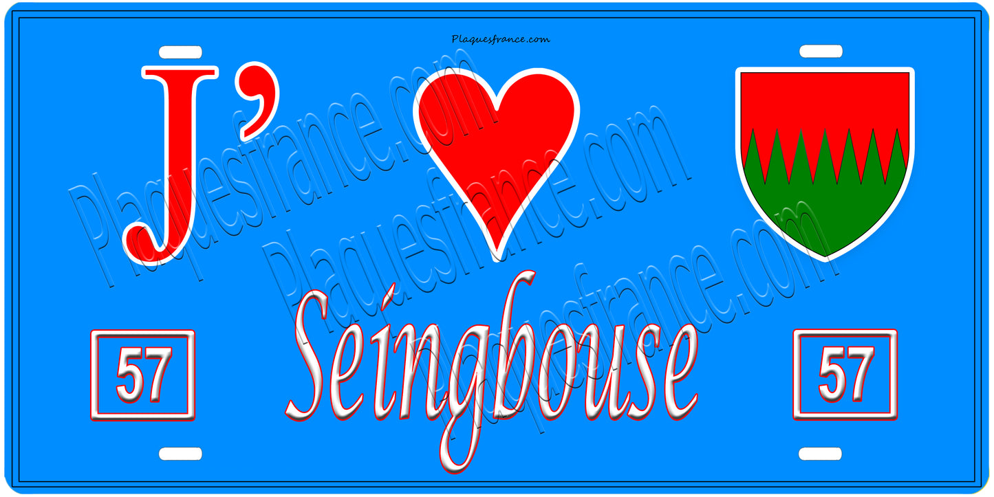Plaque métal décorative, J'❤️ Seingbouse, Moselle, fond mur bleu 57