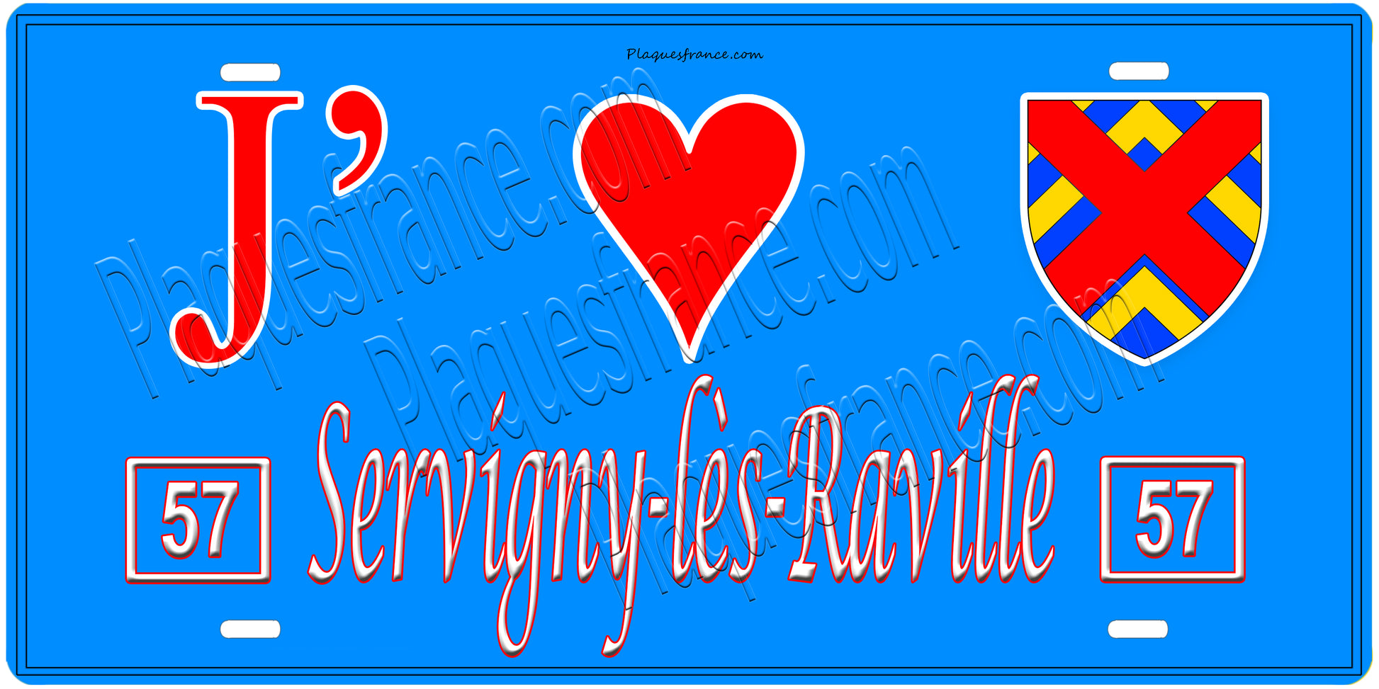 Plaque métal décorative, J'❤️Servigny-lès-Raville, Moselle, fond mur bleu 57