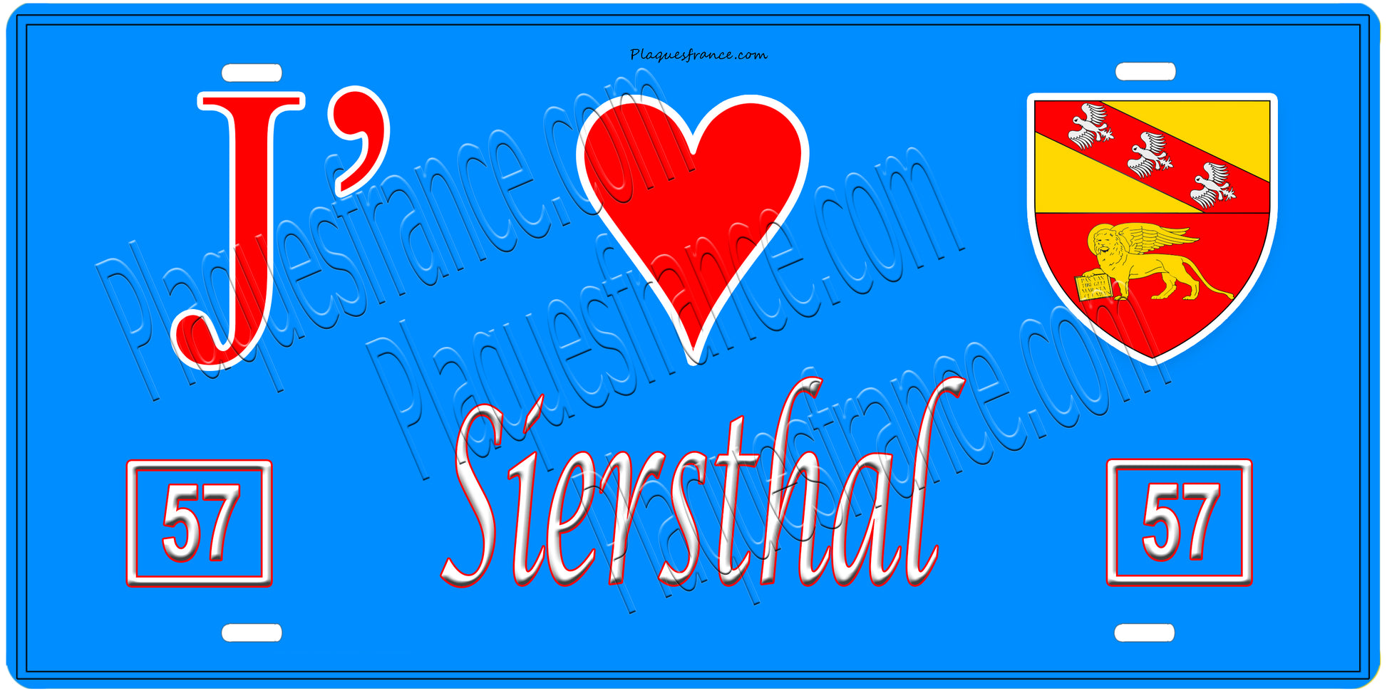 Plaque métal décorative, J'❤️ Siersthal, Moselle, fond mur bleu 57