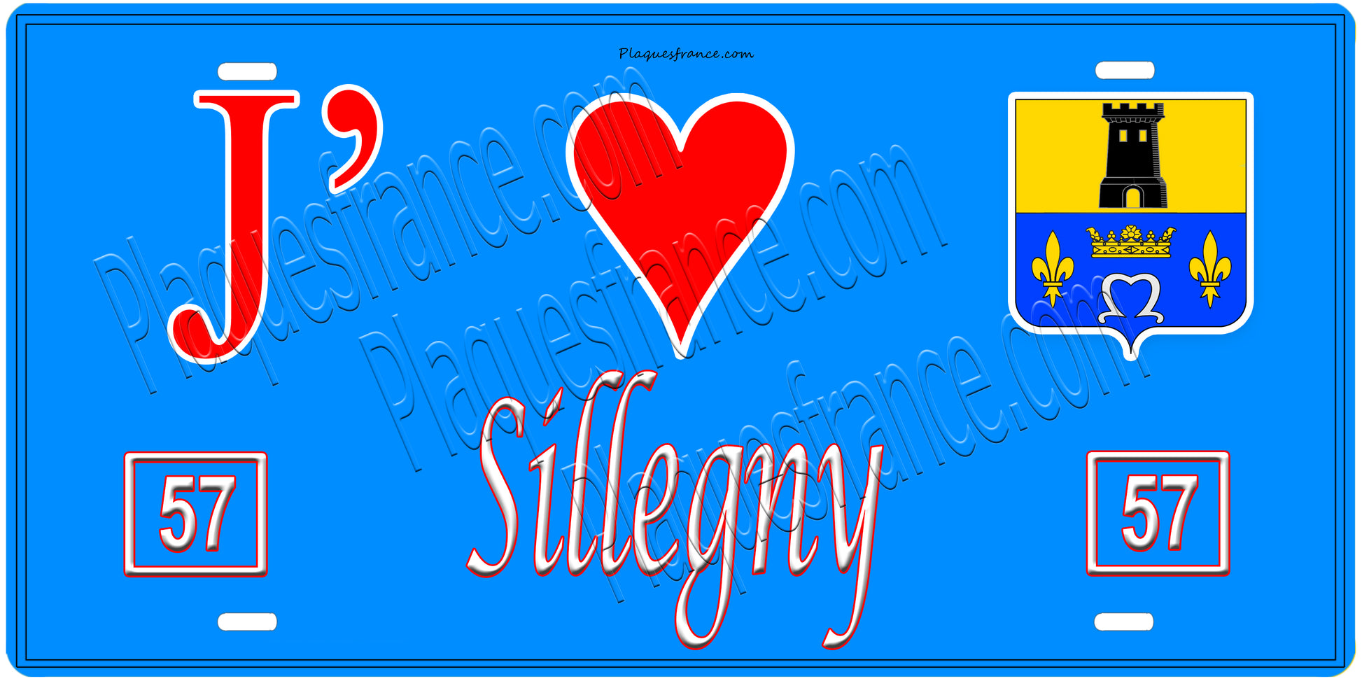 Plaque métal décorative, J'❤️ Sillegny, Moselle, fond mur bleu 57