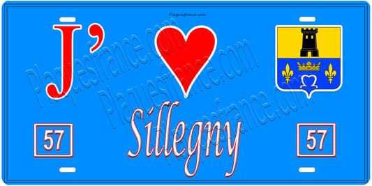 Plaque métal décorative, J'❤️ Sillegny, Moselle, fond mur bleu 57