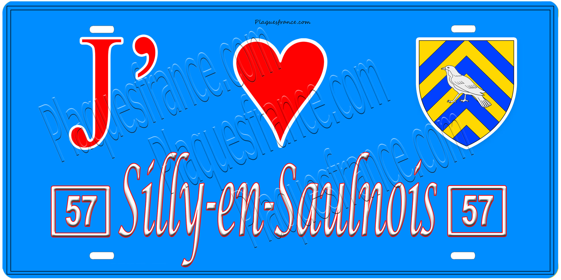 Plaque métal décorative, J'❤️ Silly-en-Saulnois, Moselle, fond mur bleu 57