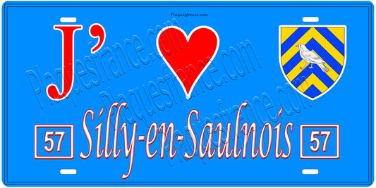 Plaque métal décorative, J'❤️ Silly-en-Saulnois, Moselle, fond mur bleu 57