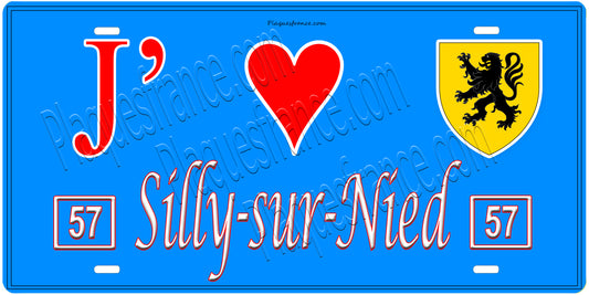 Plaque métal décorative, J'❤️Silly-sur-Nied, Moselle, fond mur bleu 57