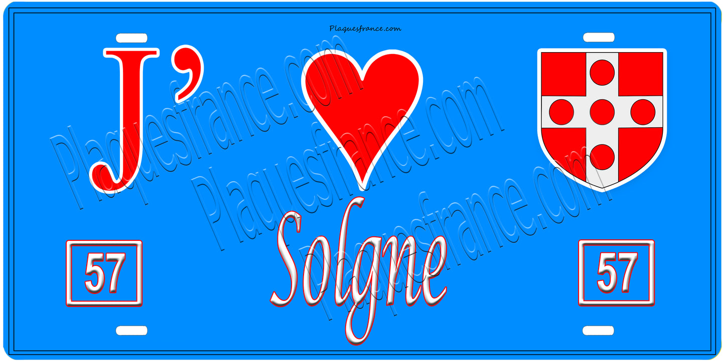 Plaque métal décorative, J'❤️ Solgne, Moselle, fond mur bleu 57
