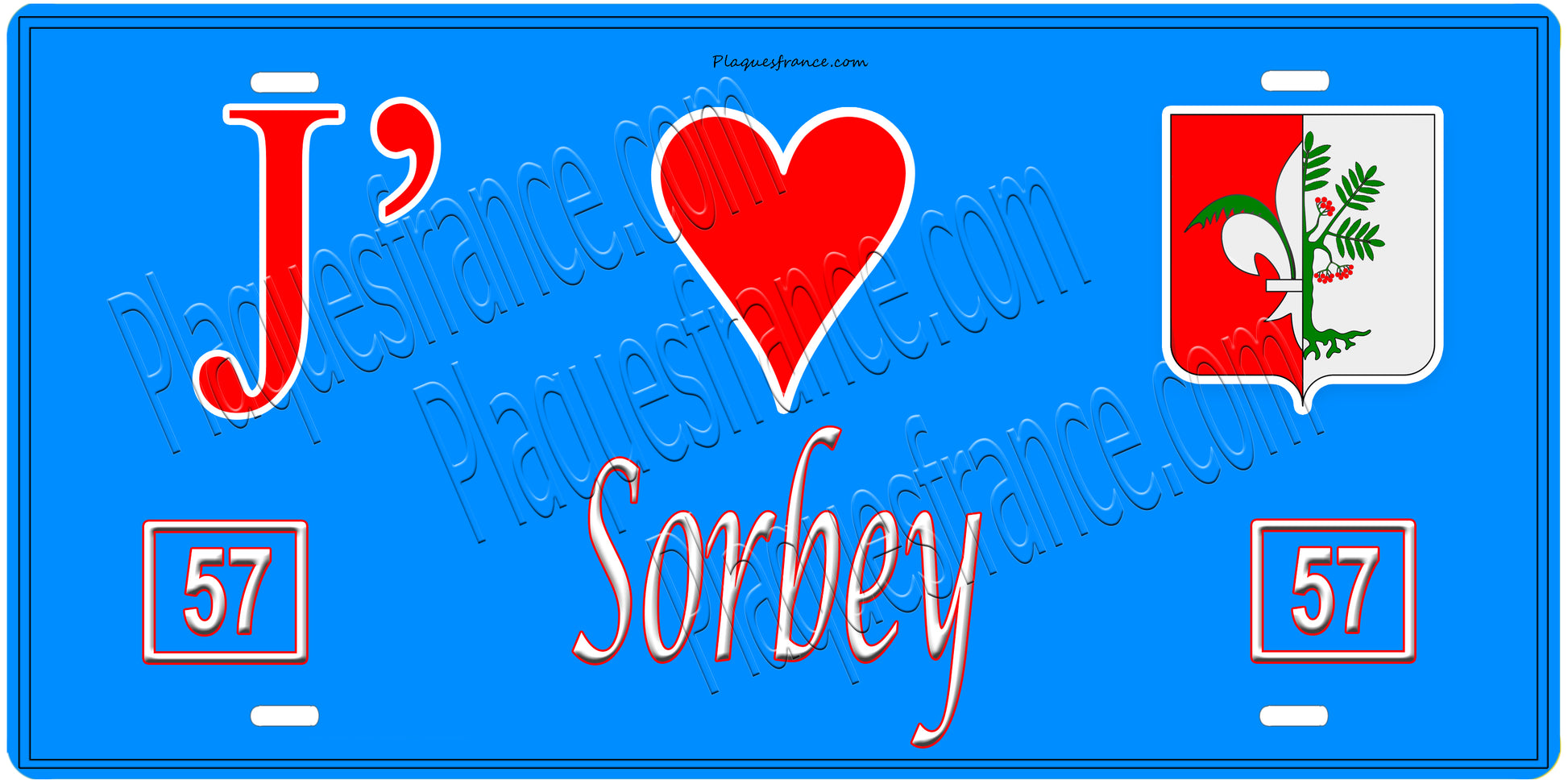 Plaque métal décorative, J'❤️Sorbey , Moselle, fond mur bleu 57