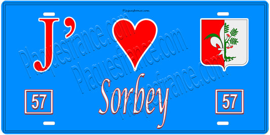 Plaque métal décorative, J'❤️Sorbey , Moselle, fond mur bleu 57