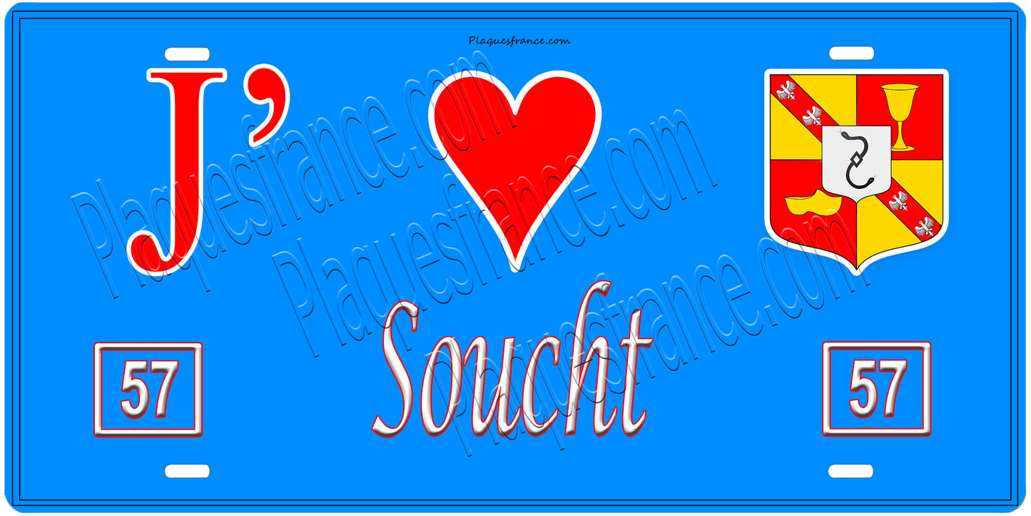 Plaque métal décorative, J'❤️ Soucht, Moselle, fond mur bleu 57