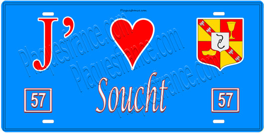 Plaque métal décorative, J'❤️ Soucht, Moselle, fond mur bleu 57