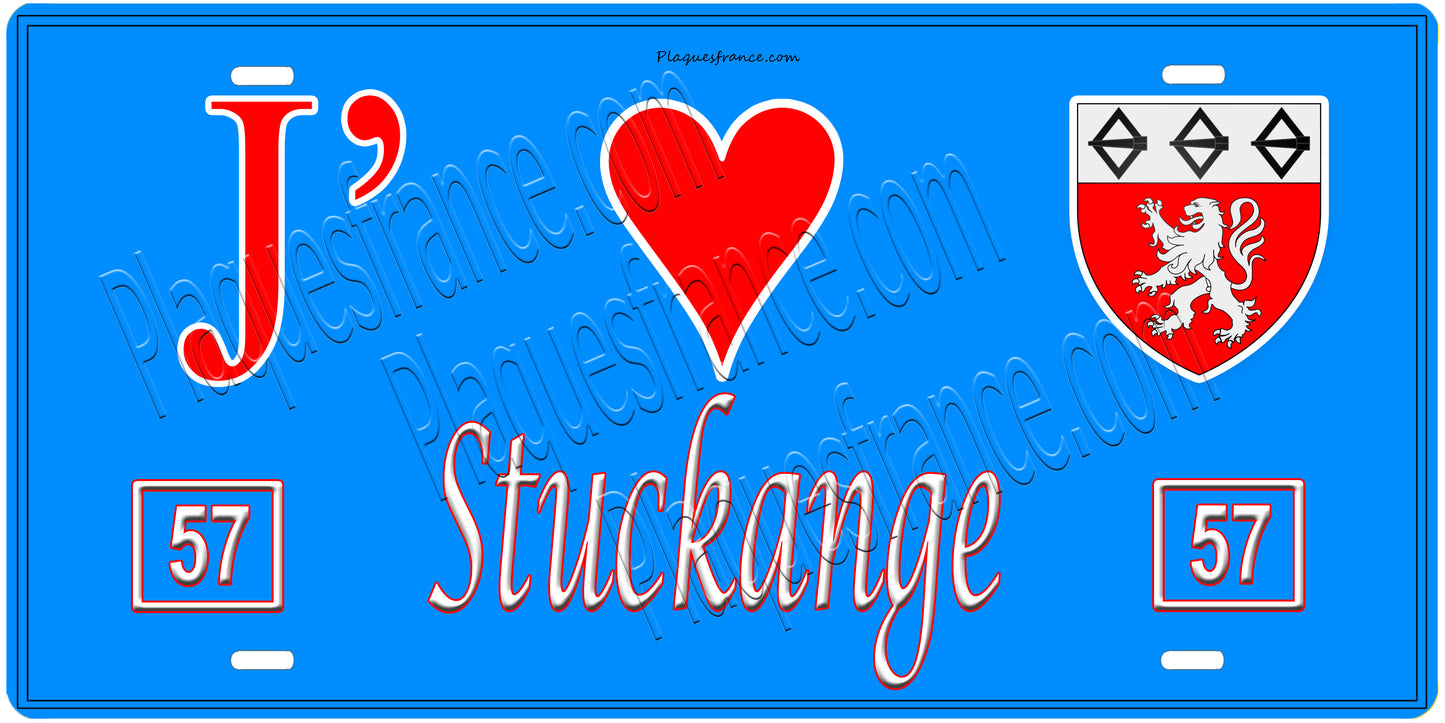 Plaque métal décorative, J'❤️Stuckange, Moselle, fond mur bleu 57