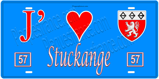 Plaque métal décorative, J'❤️Stuckange, Moselle, fond mur bleu 57