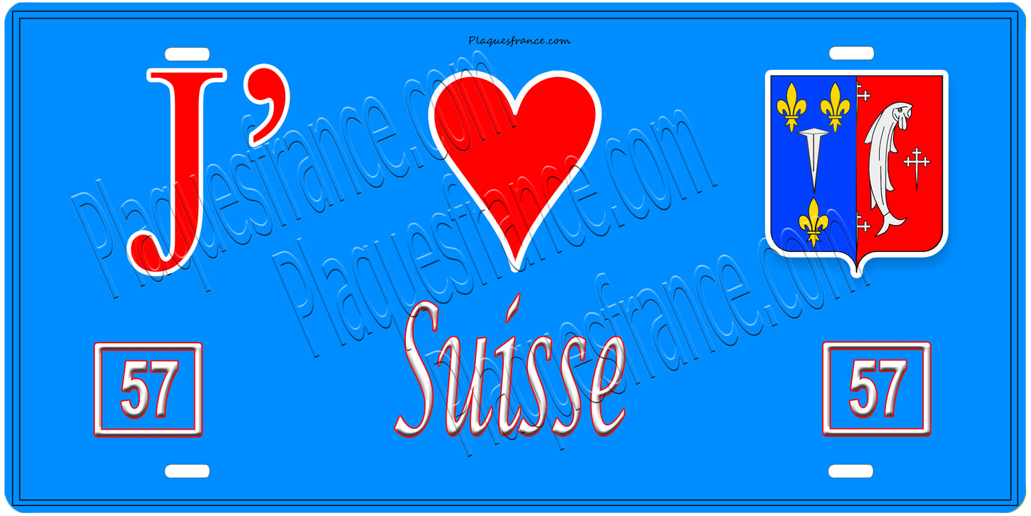 Plaque métal décorative, J'❤️Suisse, Moselle, fond mur bleu 57