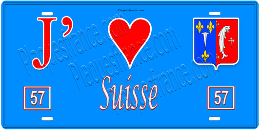 Plaque métal décorative, J'❤️Suisse, Moselle, fond mur bleu 57