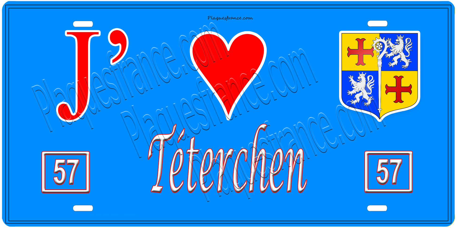 Plaque métal décorative, J'❤️ Téterchen, Moselle, fond mur bleu 57