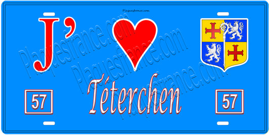 Plaque métal décorative, J'❤️ Téterchen, Moselle, fond mur bleu 57