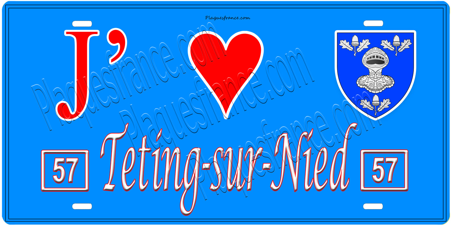 Plaque métal décorative, J'❤️ Teting-sur-Nied, Moselle, fond mur bleu 57