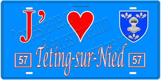 Plaque métal décorative, J'❤️ Teting-sur-Nied, Moselle, fond mur bleu 57