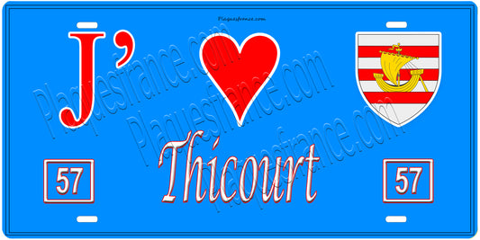 Plaque métal décorative, J'❤️ Thicourt, Moselle, fond mur bleu 57