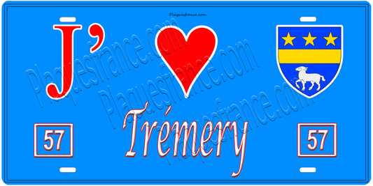 Plaque métal décorative, J'❤️Trémery, Moselle, fond mur bleu 57