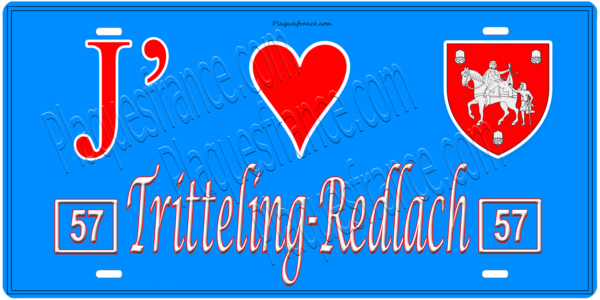 Plaque métal décorative, J'❤️ Tritteling-Redlach, Moselle, fond mur bleu 57