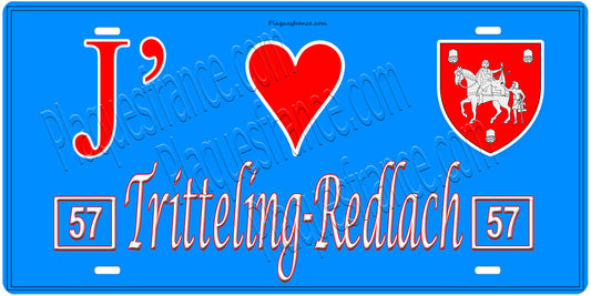 Plaque métal décorative, J'❤️ Tritteling-Redlach, Moselle, fond mur bleu 57