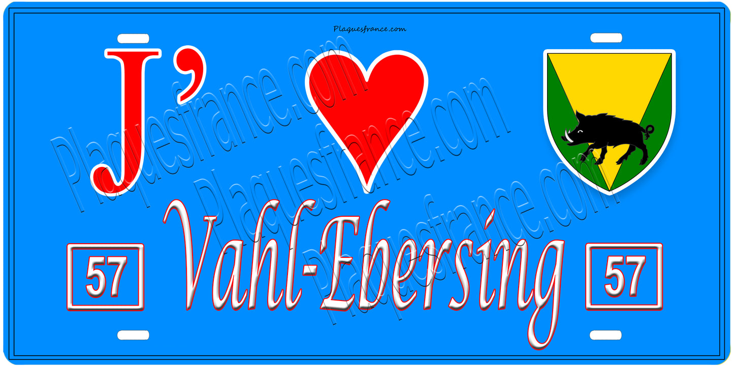 Plaque métal décorative, J'❤️Vahl-Ebersing, Moselle, fond mur bleu 57
