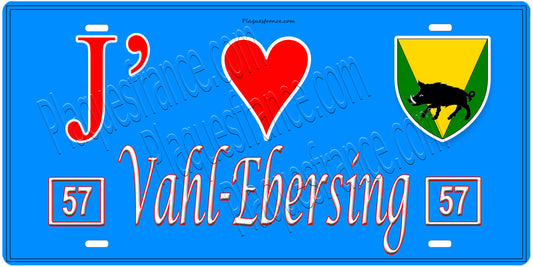 Plaque métal décorative, J'❤️Vahl-Ebersing, Moselle, fond mur bleu 57