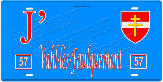 Plaque métal décorative, J'❤️ Vahl-lès-Faulquemont, Moselle, fond mur bleu 57