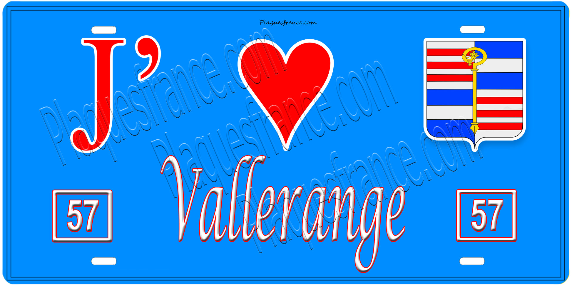 Plaque métal décorative, J'❤️Vallerange, Moselle, fond mur bleu 57