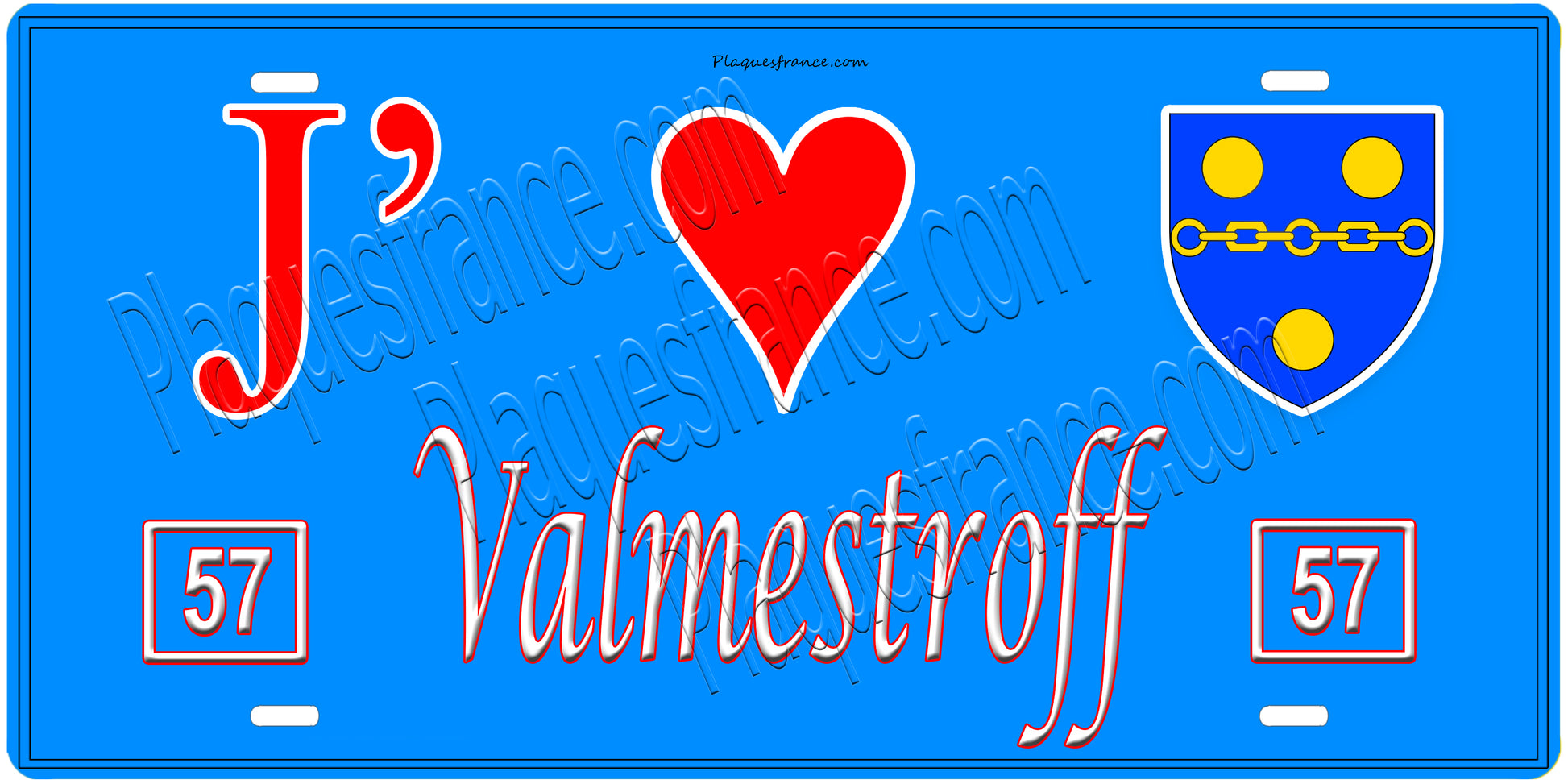 Plaque métal décorative, J'❤️Valmestroff, Moselle, fond mur bleu 57