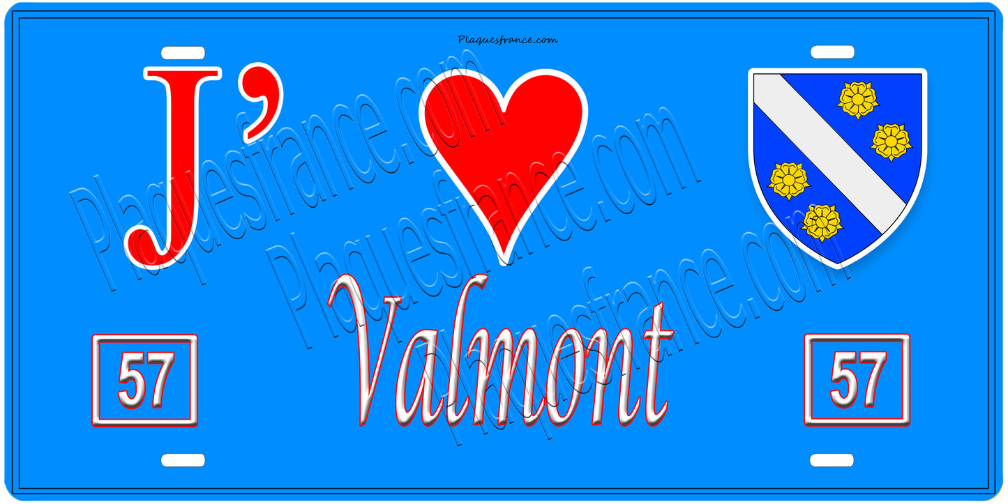 Plaque métal décorative, J'❤️Valmont , Moselle, fond mur bleu 57
