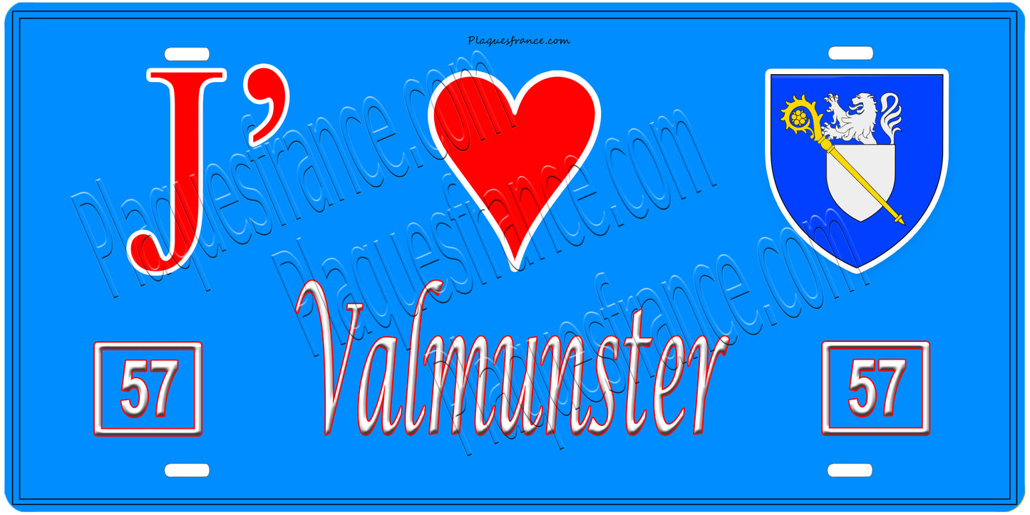 Plaque métal décorative, J'❤️ Valmunster, Moselle, fond mur bleu 57