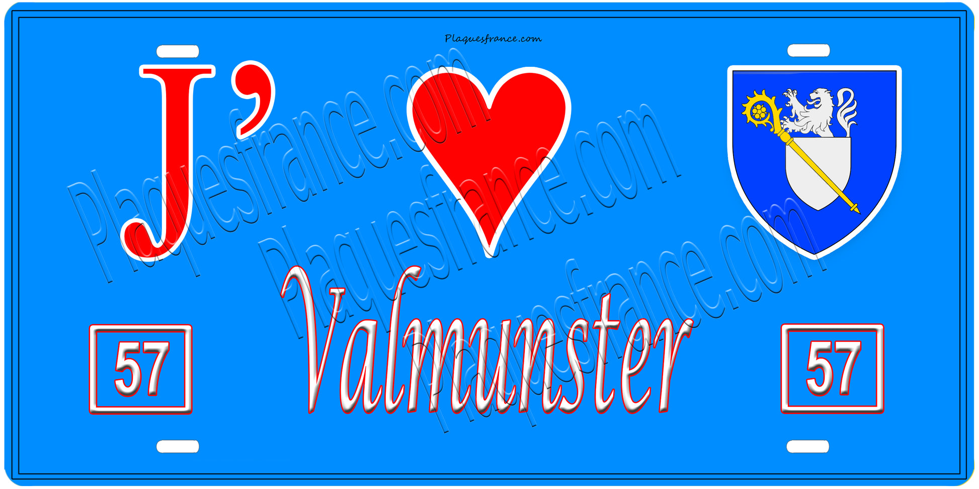 Plaque métal décorative, J'❤️ Valmunster, Moselle, fond mur bleu 57