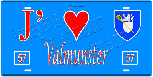 Plaque métal décorative, J'❤️ Valmunster, Moselle, fond mur bleu 57
