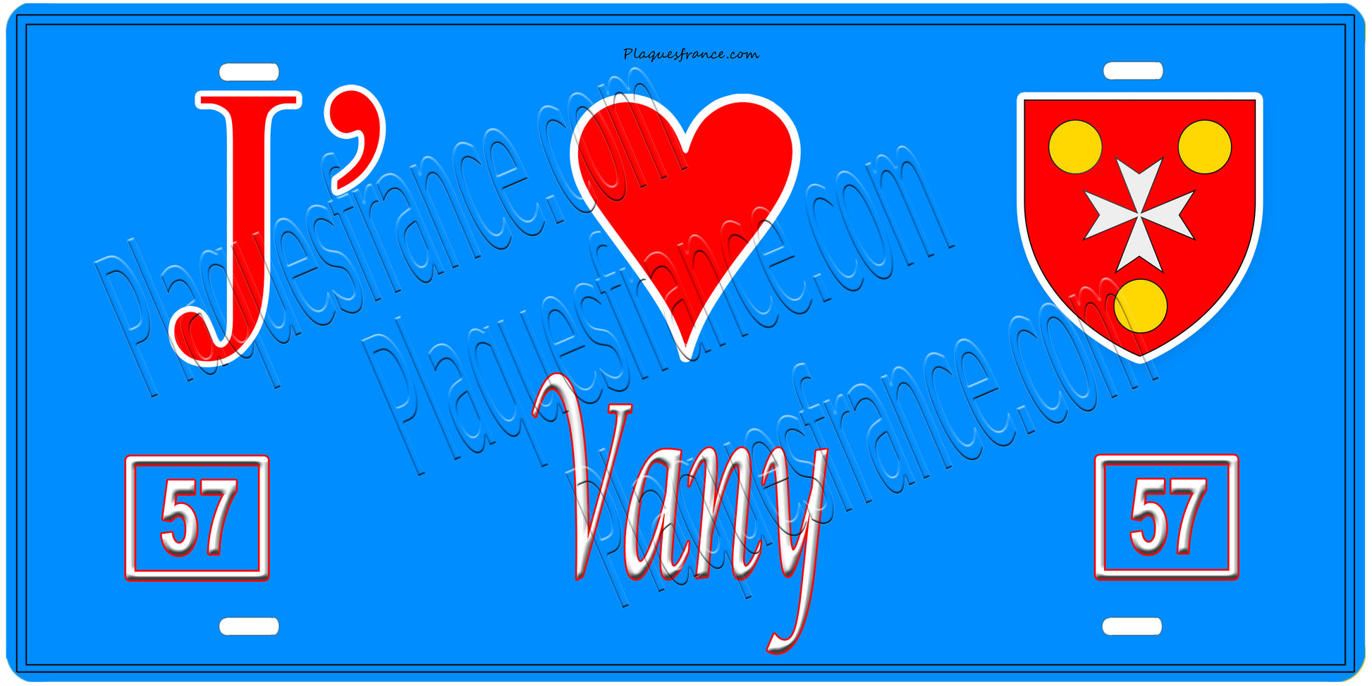 Plaque métal décorative, J'❤️Vany, Moselle, fond mur bleu 57