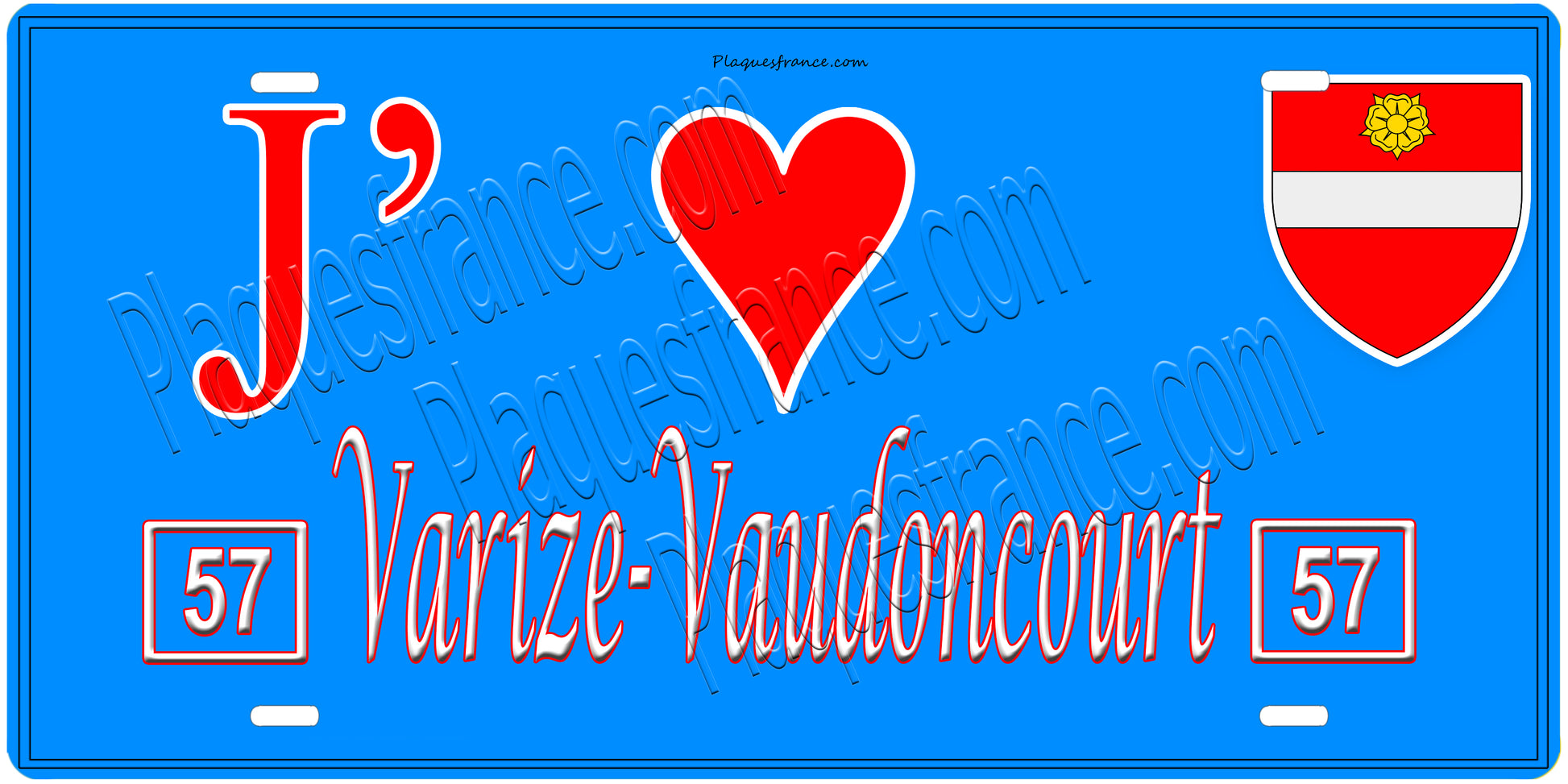 Plaque métal décorative, J'❤️ Varize-Vaudoncourt, Moselle, fond mur bleu 57