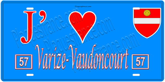 Plaque métal décorative, J'❤️ Varize-Vaudoncourt, Moselle, fond mur bleu 57