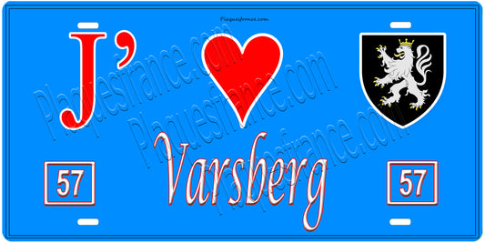Plaque métal décorative, J'❤️ Varsberg, Moselle, fond mur bleu 57