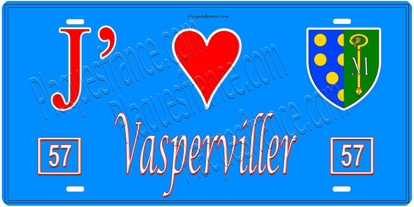 Plaque métal décorative, J'❤️Vasperviller, Moselle, fond mur bleu 57