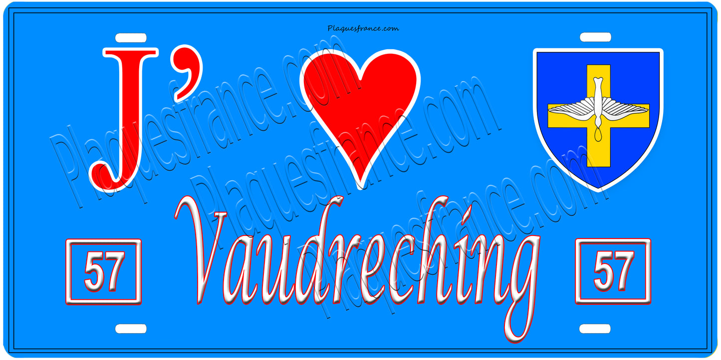Plaque métal décorative, J'❤️ Vaudreching, Moselle, fond mur bleu 57