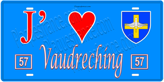 Plaque métal décorative, J'❤️ Vaudreching, Moselle, fond mur bleu 57