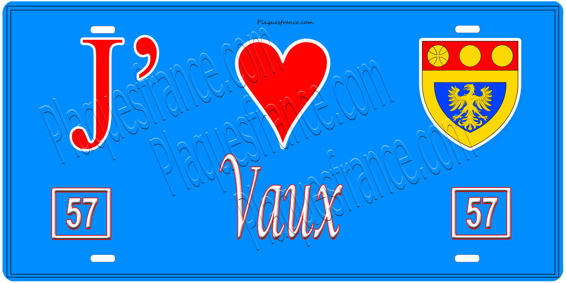 Plaque métal décorative, J'❤️ Vaux, Moselle, fond mur bleu 57