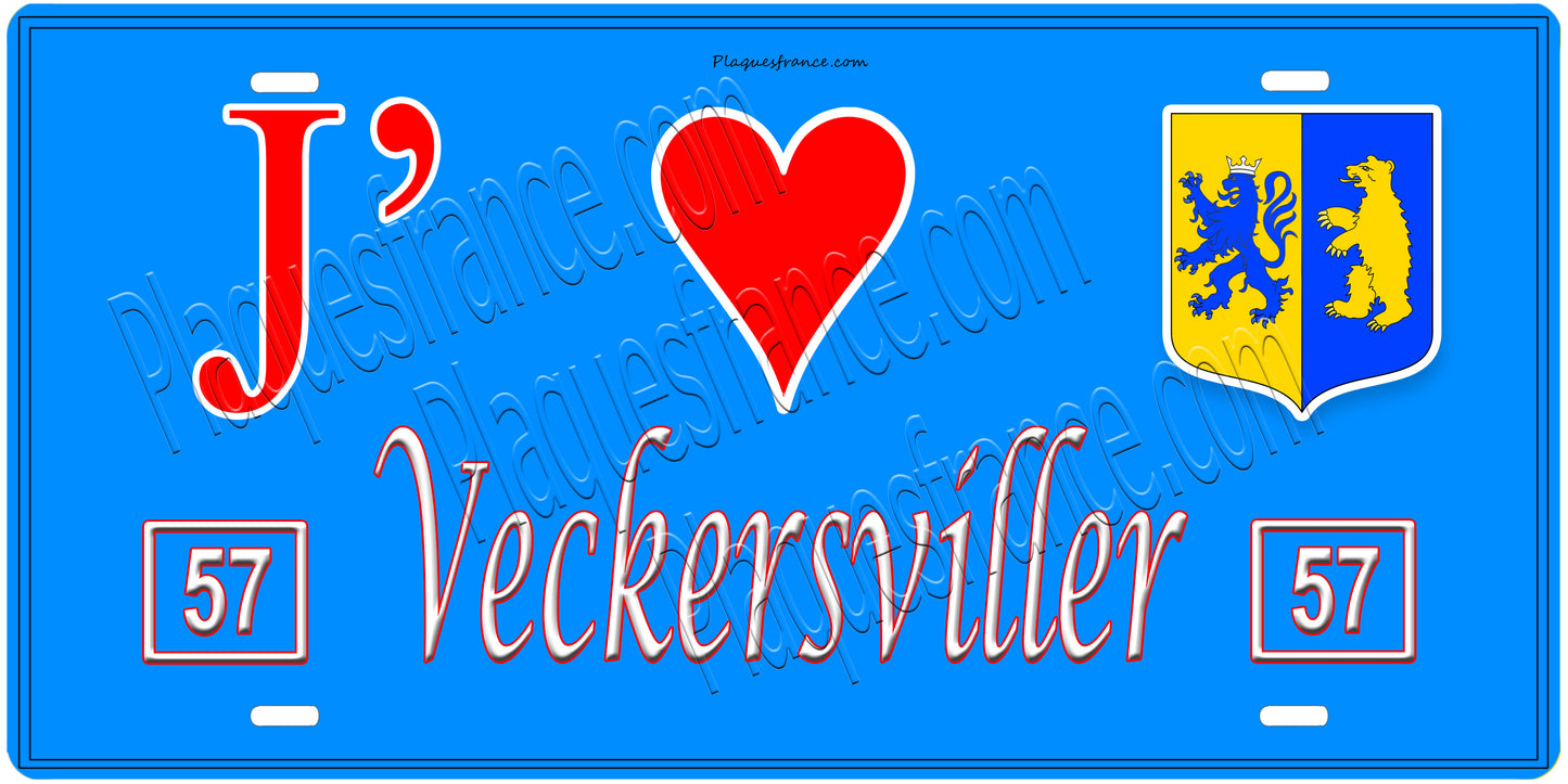 Plaque métal décorative, J'❤️Veckersviller, Moselle, fond mur bleu 57