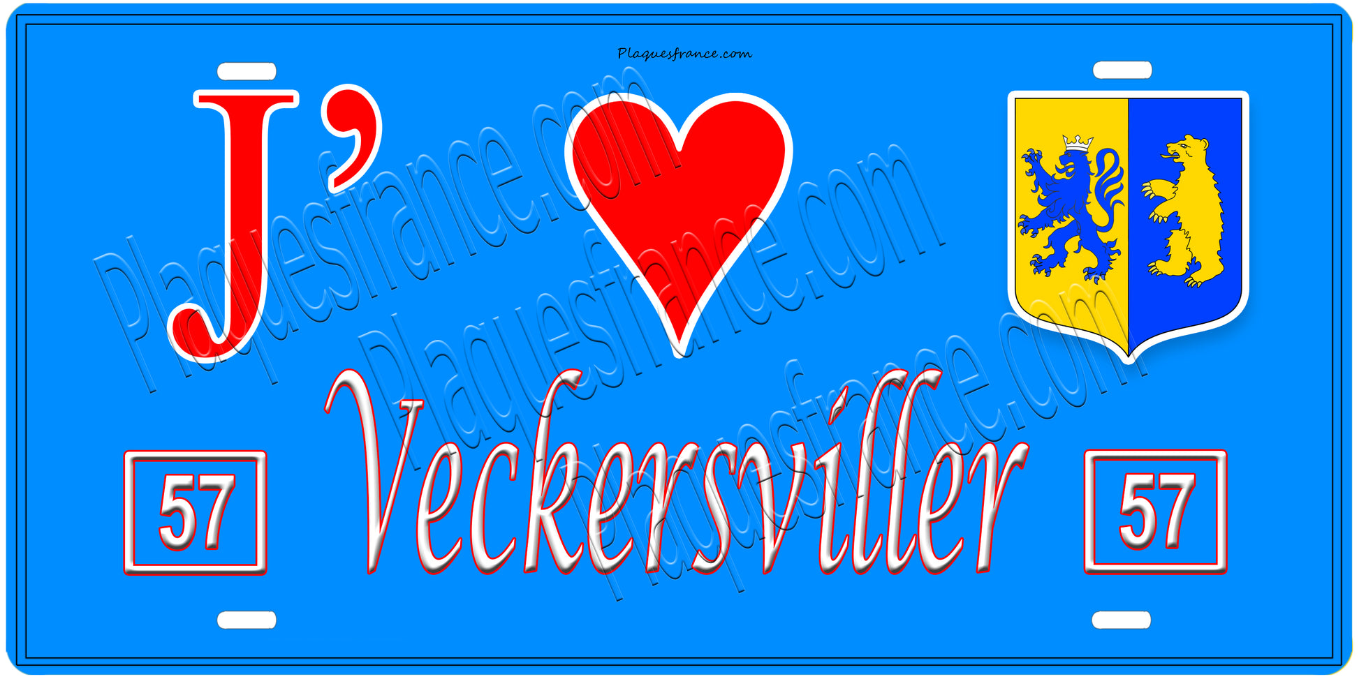 Plaque métal décorative, J'❤️Veckersviller, Moselle, fond mur bleu 57