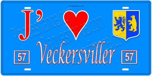 Plaque métal décorative, J'❤️Veckersviller, Moselle, fond mur bleu 57