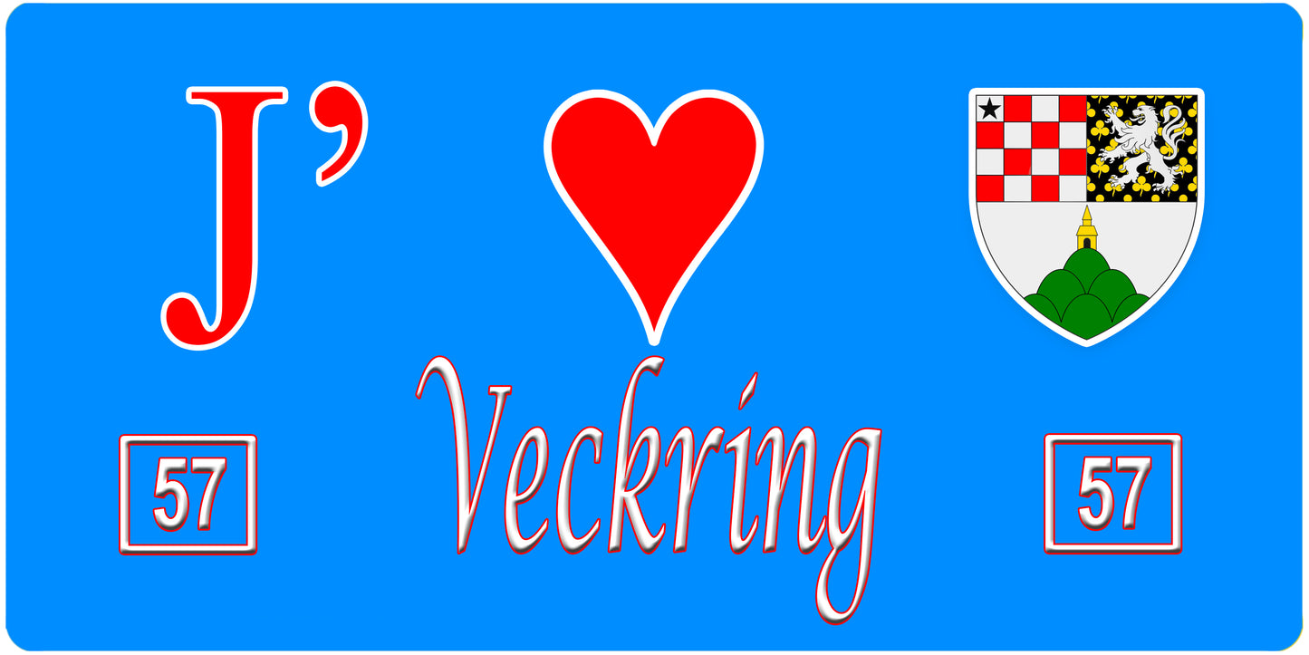 Plaque métal décorative, J'❤️Veckring, Moselle, fond mur bleu 57