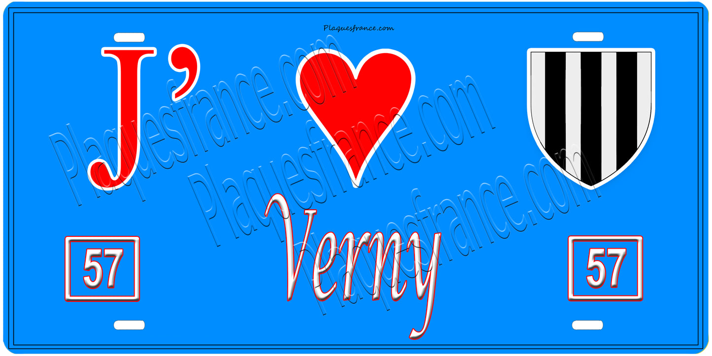 Plaque métal décorative, J'❤️ Verny, Moselle, fond mur bleu 57