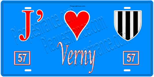 Plaque métal décorative, J'❤️ Verny, Moselle, fond mur bleu 57